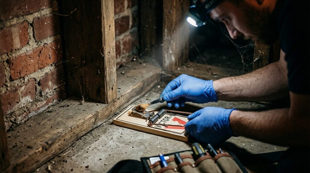 Close-up of a trained pest control experts hands setting up