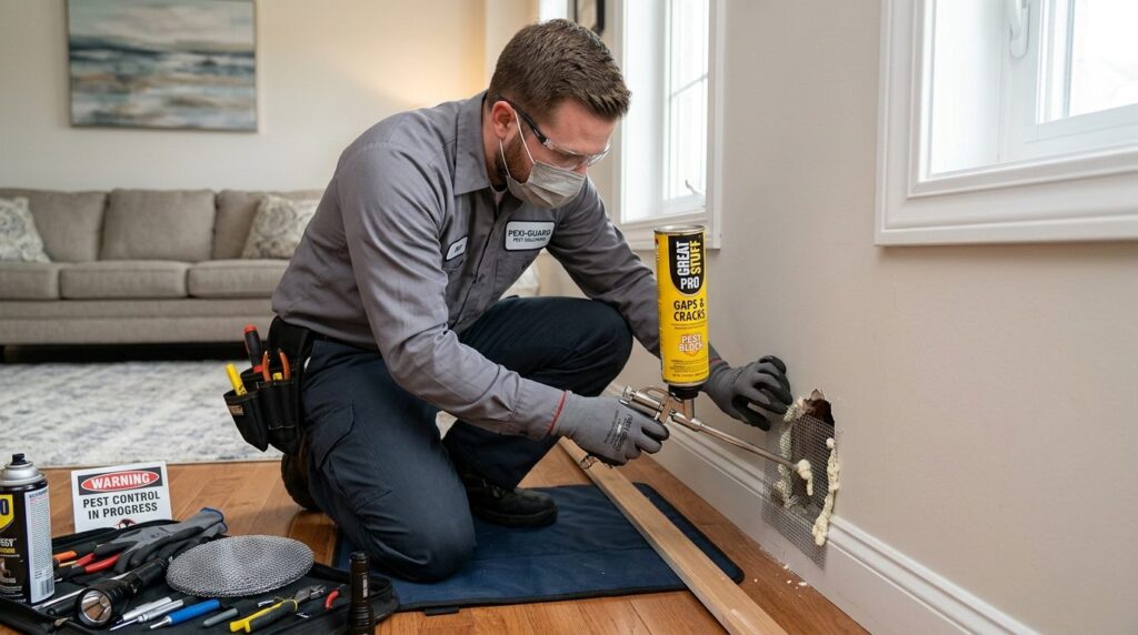 Pest control professional sealing a rat entry hole in reside